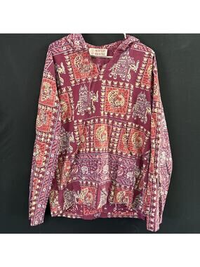 Gypsy Cotton Pullover Top Size M Boho Hippie Folkart Prints Long Sleeve Festival